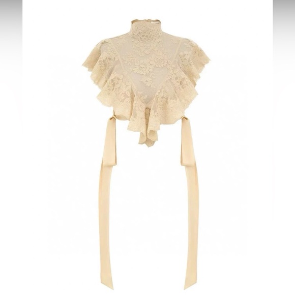 Designer-Style Cream Lace Blouse with Ribbon - Picture 1 of 13